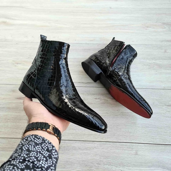 Black Men's Chelsea Croco Patent Leather Boots | Red Sole - Picture 4 of 4